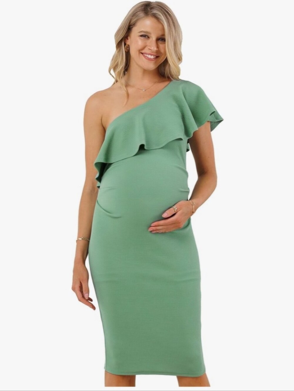 One-Shoulder Ruffle Maternity Dress in Sage Green Size L